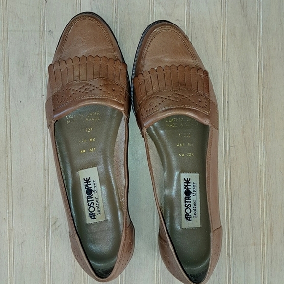 Apostrophe Vintage Leather Fringe Light Brown Flat Slim Fit Penny Loafers - Picture 1 of 10